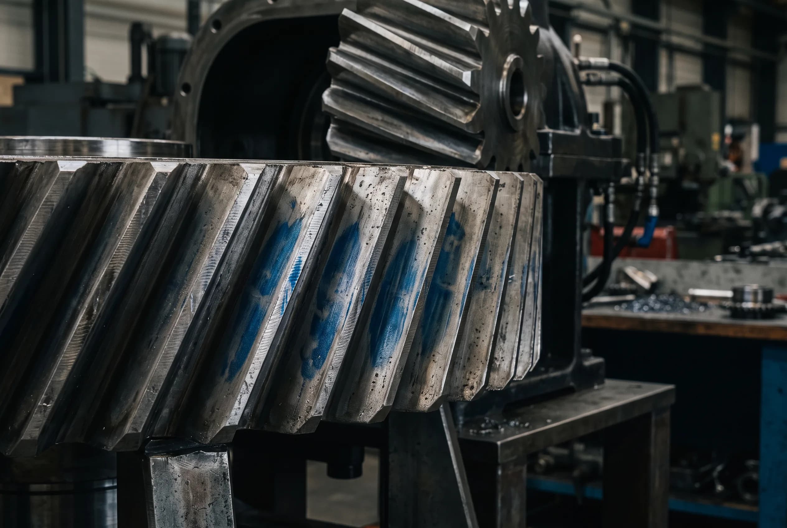 Helical reduction-gear teeth showing engineer’s-blue contact marking