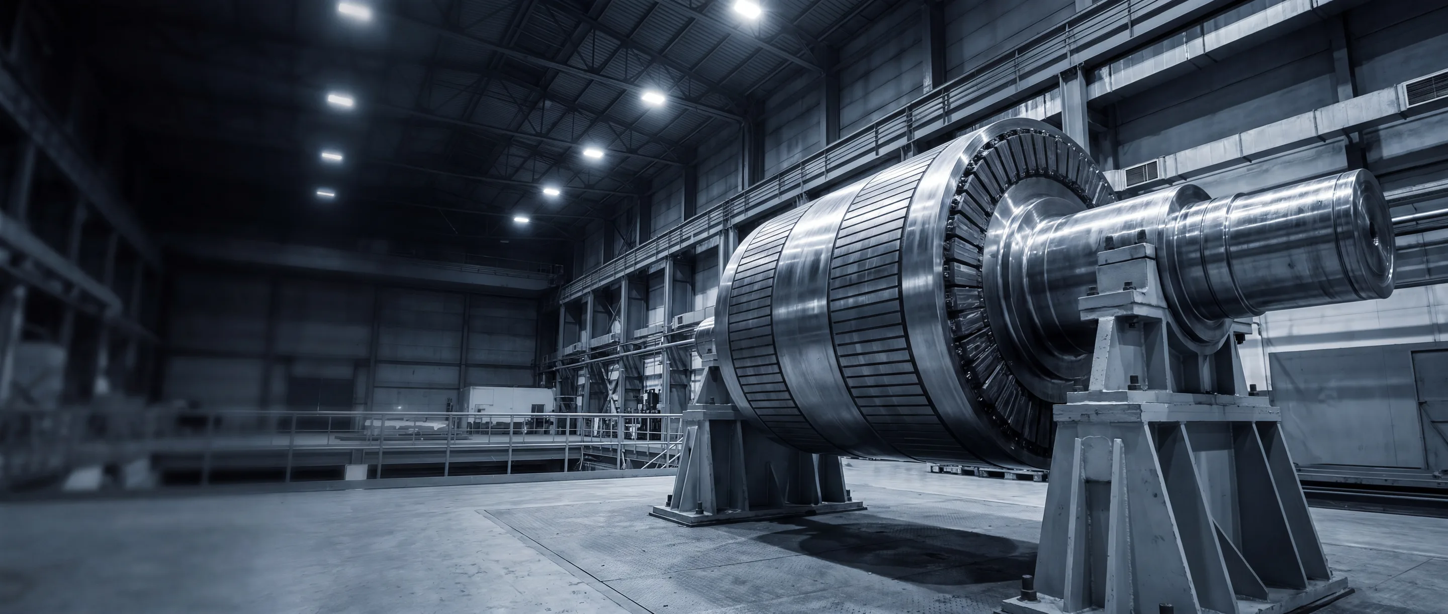 A large power-generation generator rotor and laminated core resting on stands in a turbine hall