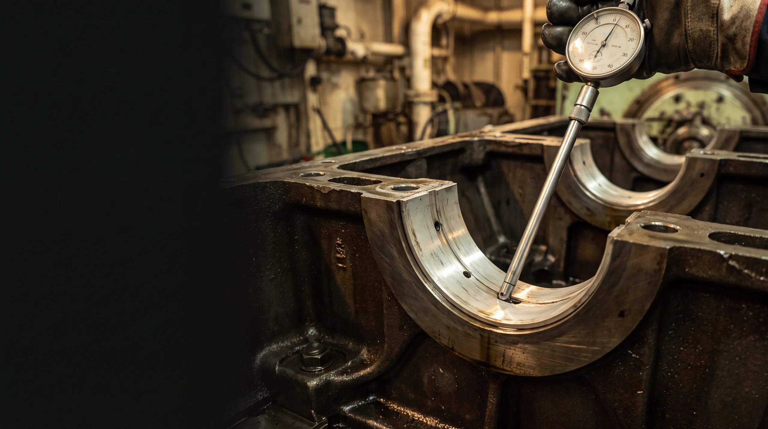 A marine engine main-bearing housing and white-metal shell being measured with a bore gauge