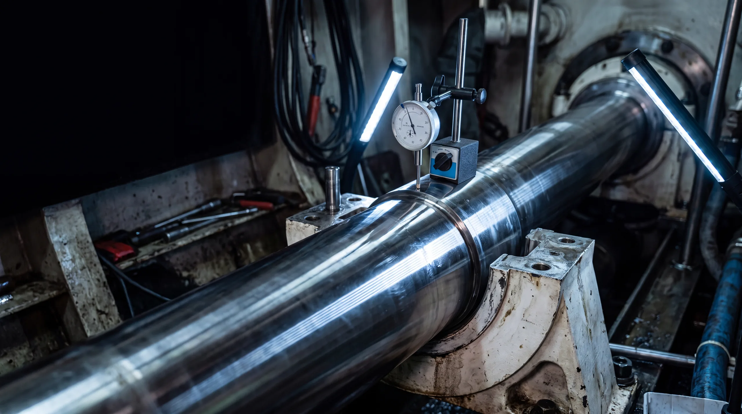A large propeller shaft journal in its bearing with a dial indicator measuring runout