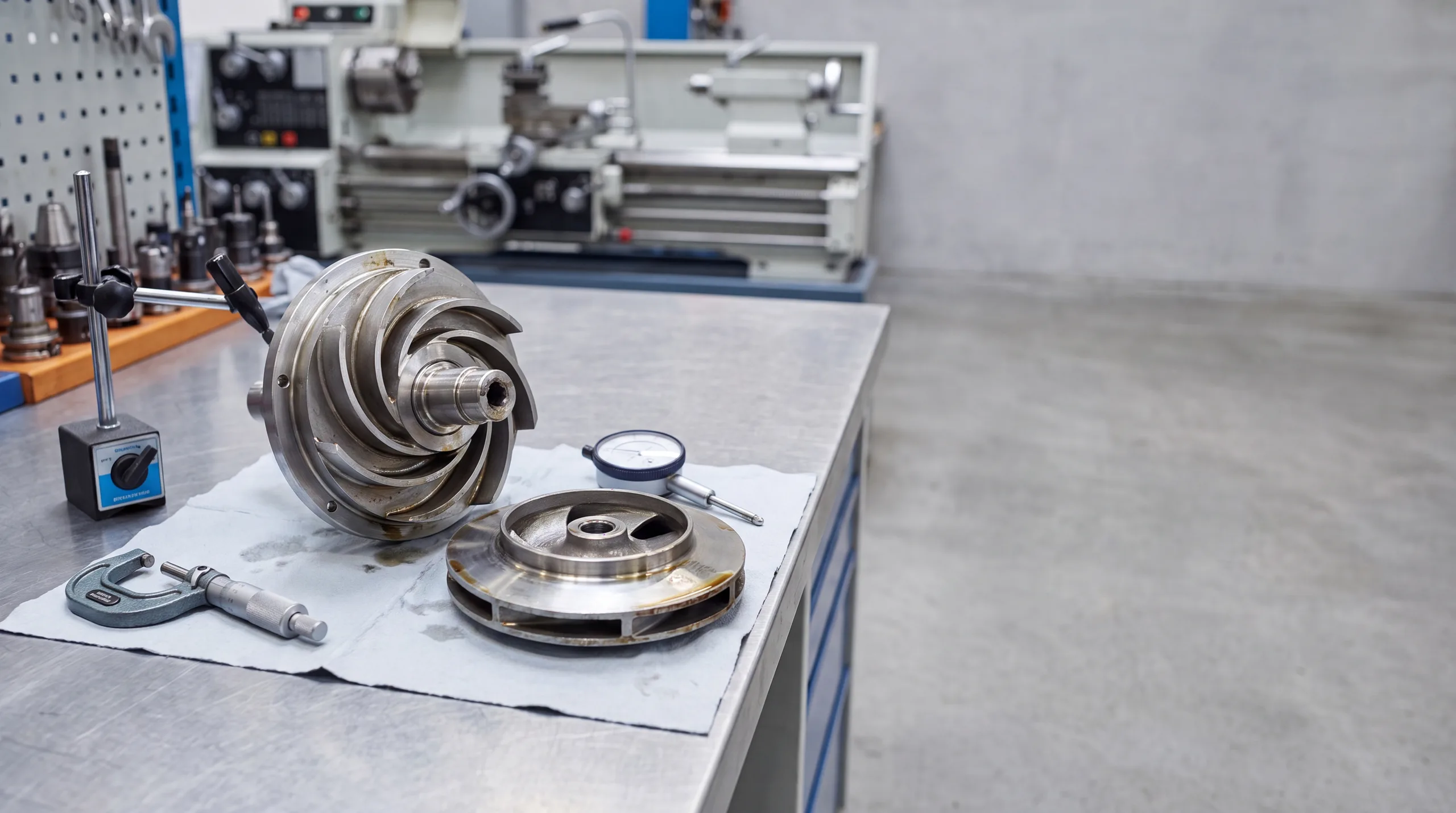 Centrifugal pump impellers on a workshop bench beside a micrometer and dial gauge