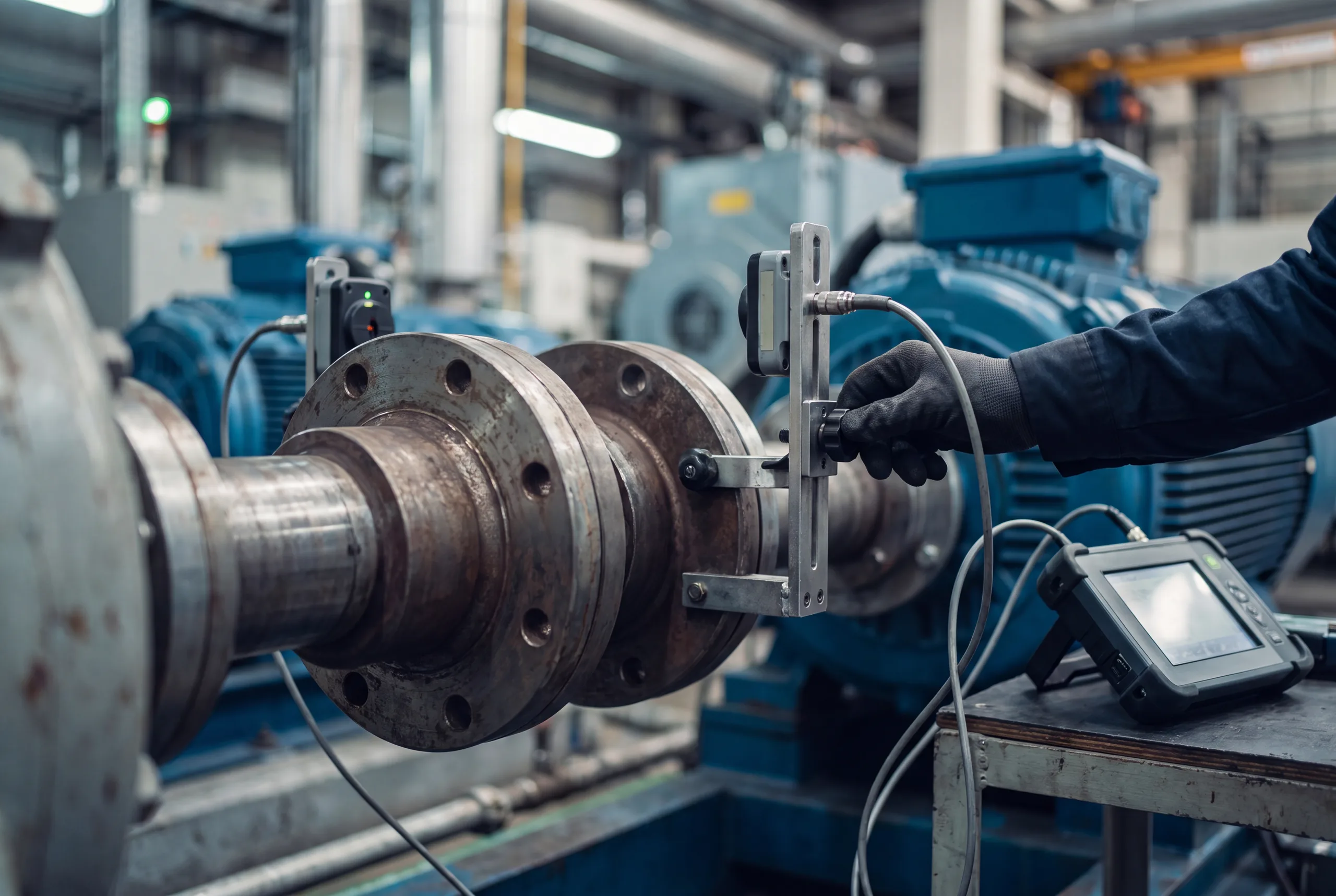 Laser shaft-alignment brackets mounted on a machinery coupling with a handheld readout
