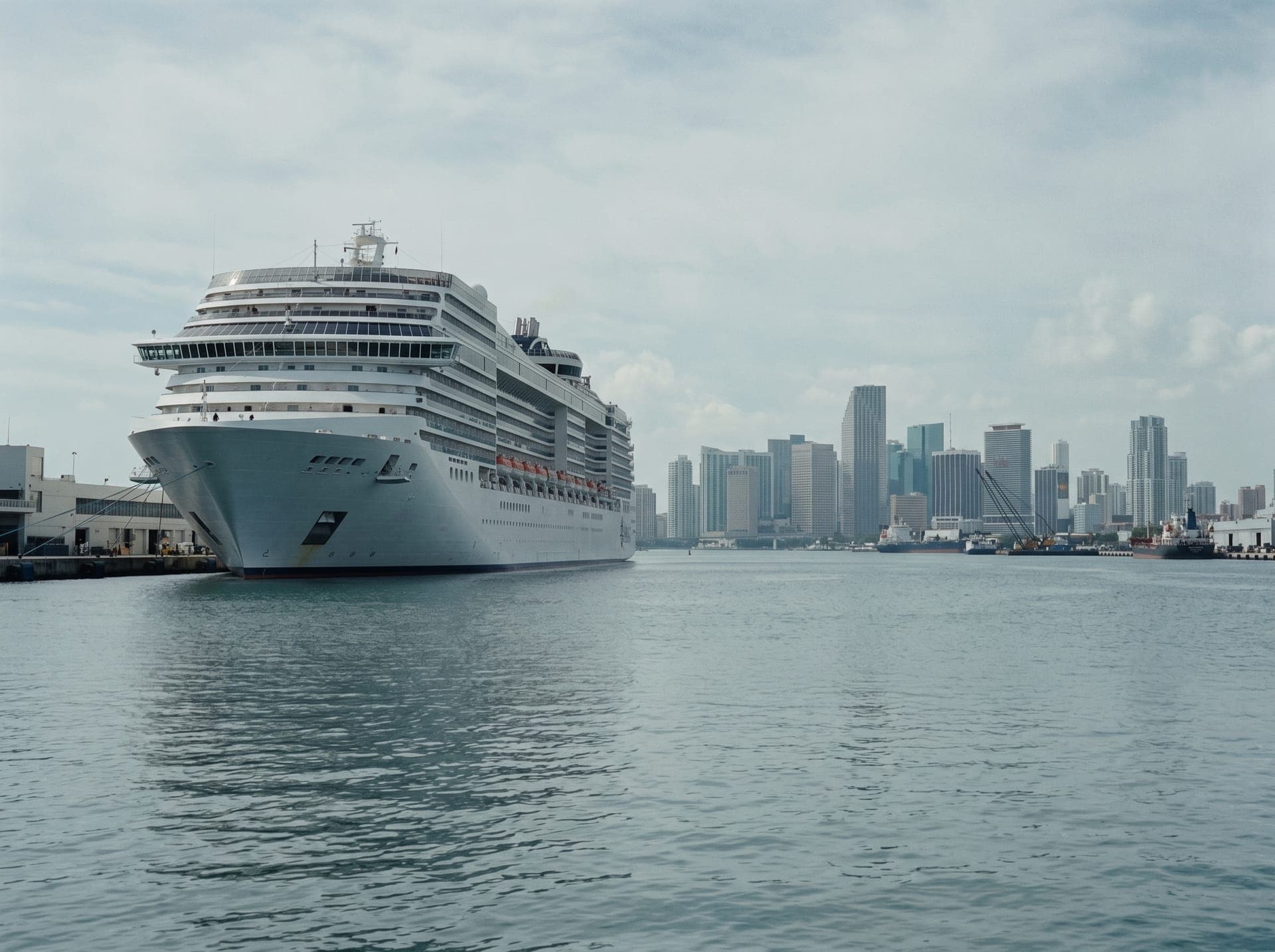 Luxury cruise ship docked at the Port of Miami with downtown skyline