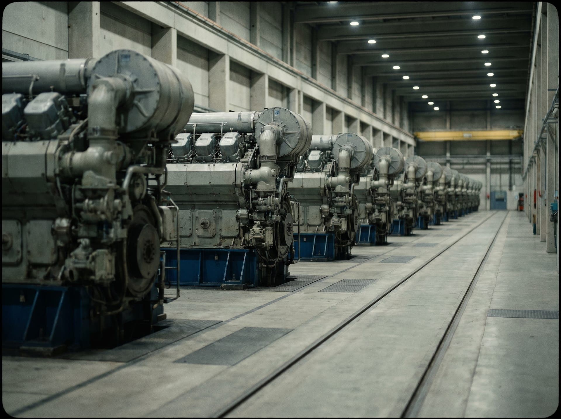 Diesel power plant generator hall with marine-type engines