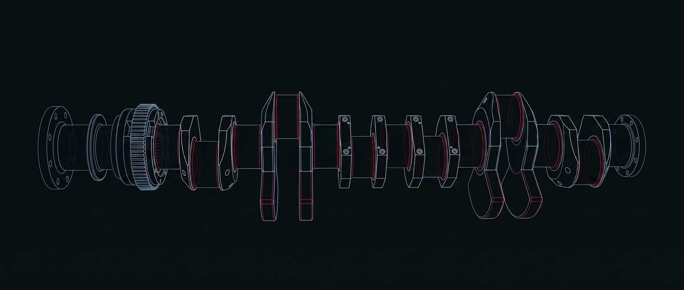 Marine diesel engine crankshaft blueprint: coupling flanges, timing gear, main bearing journals, crankpin journals, fillet radii, and bolt-on counterweights